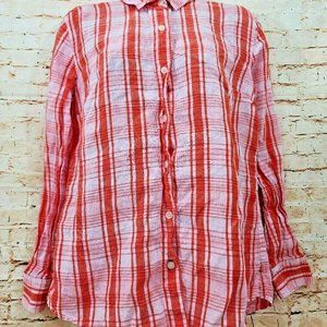 Tommy Bahama Women's Pink Plaid Long Sleeve Button Down Linen Shirt Size XS